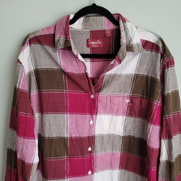 Vintage 90s Cotton Brown Cream Pink Checks Metallic Thread Button Down Shirt - Picture 2 of 7